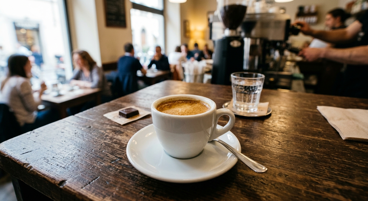 Espresso con crema servido en la barra, con clientes conversando al fondo