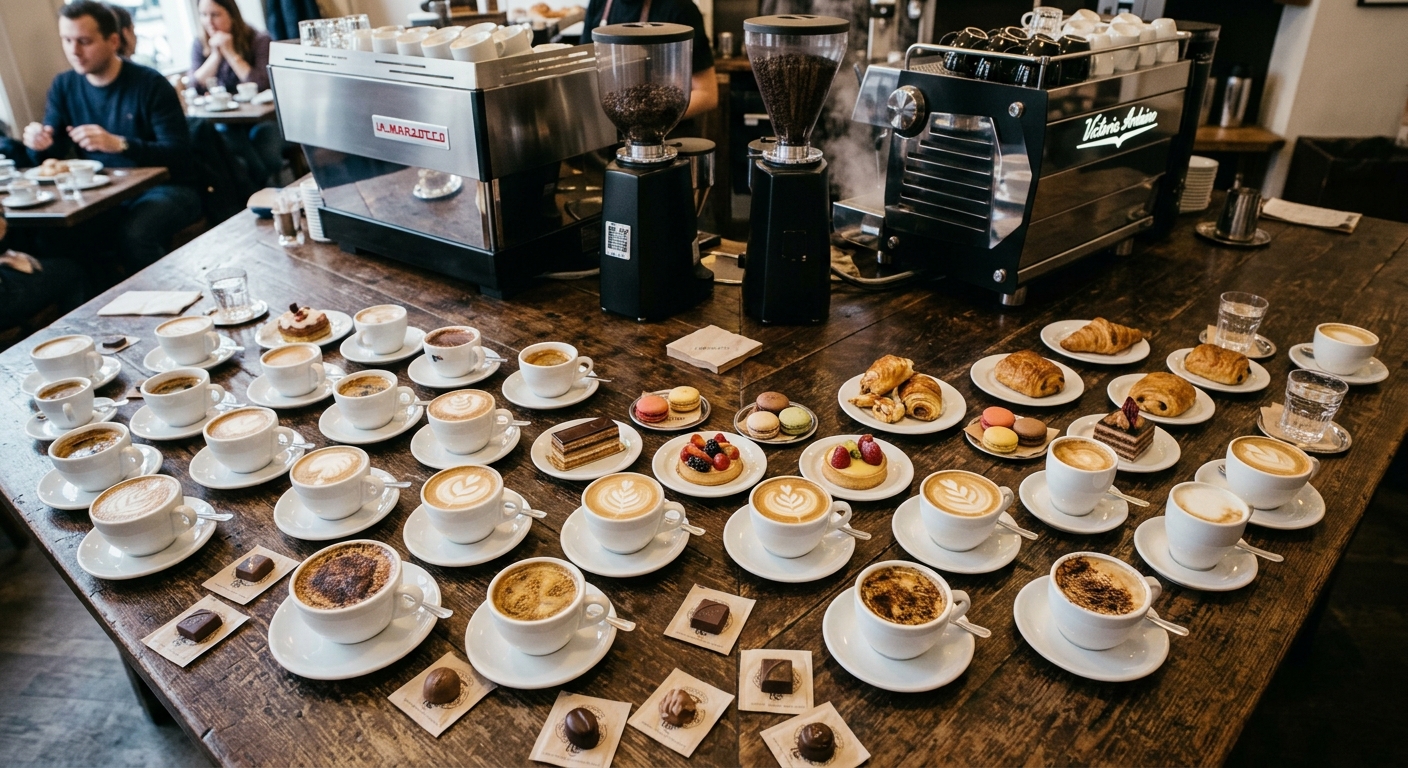 Mesa de la cafetería con cafés, croissants, macarons y chocolates frente a las máquinas de espresso