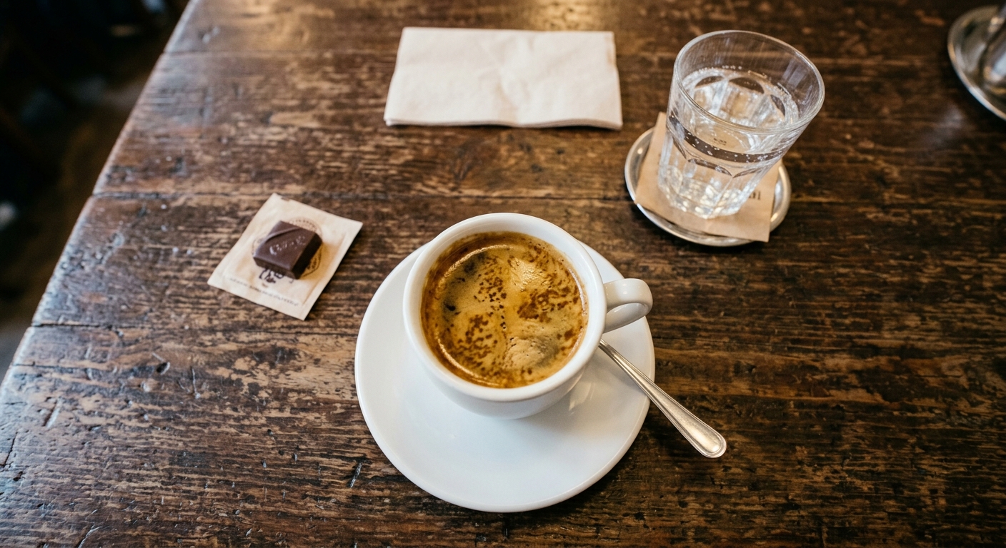 Espresso visto desde arriba con un vaso de agua y un chocolate