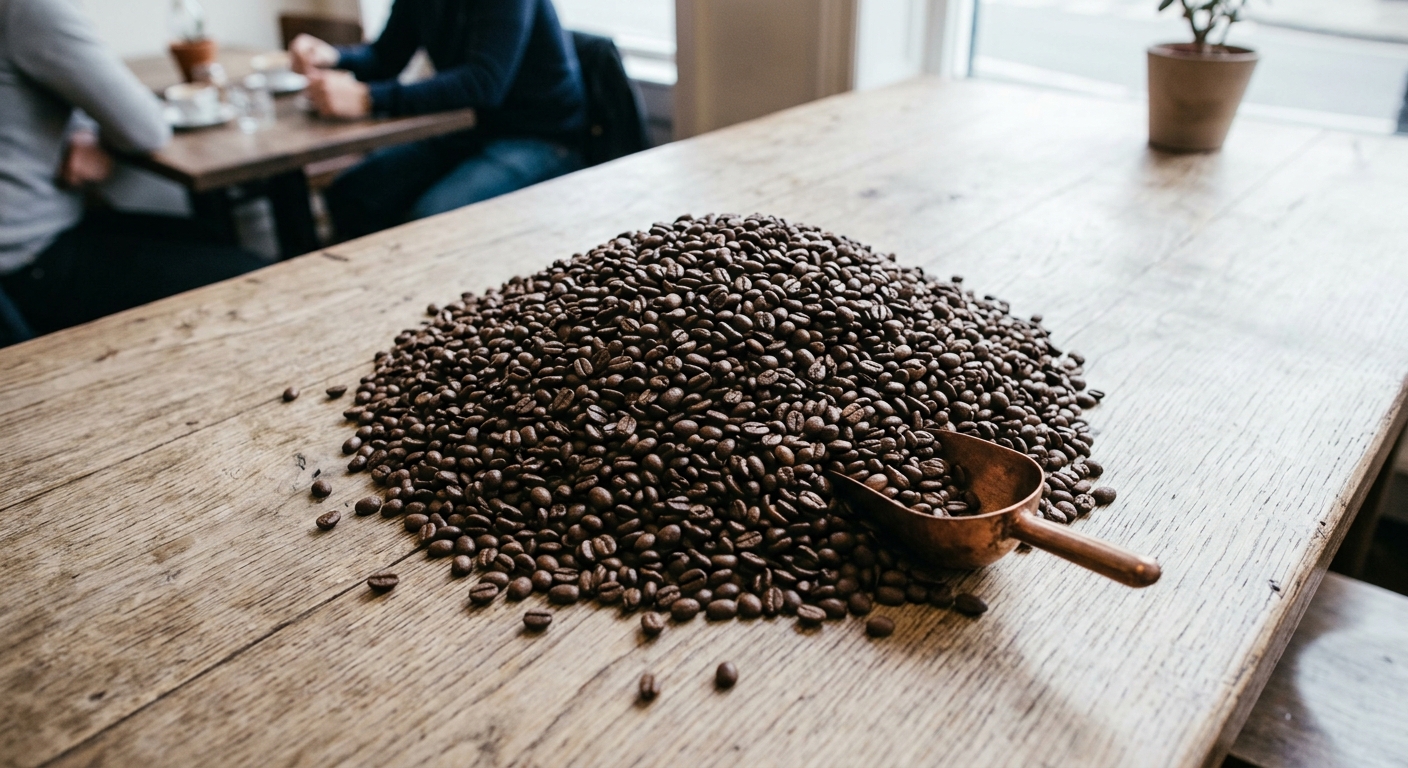 Granos de café recién tostados con una pala de cobre sobre una mesa de madera
